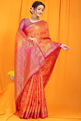 Orange Woven Silk Blend Saree With Blouse 2
