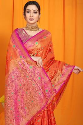 Orange Woven Silk Blend Saree With Blouse 3