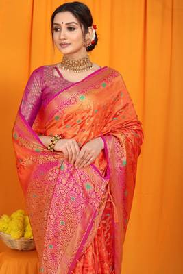 Orange Woven Silk Blend Saree With Blouse 4