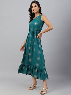 Teal printed crepe ethnic-kurtis 4