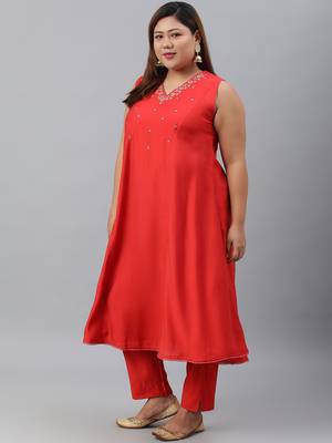 XL LOVE by Janasya Red solid art silk ethnic-kurtis 3