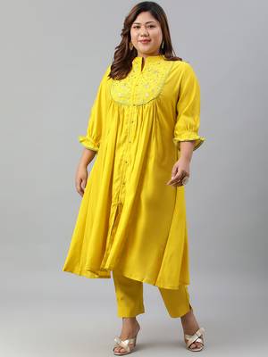 XL LOVE by Janasya Yellow embroidered silk ethnic-kurtis 1