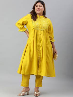 XL LOVE by Janasya Yellow embroidered silk ethnic-kurtis 2