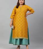 XL LOVE by Janasya Mustard printed silk blend long-dresses