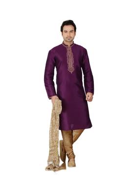 Purple embroidered art dupion silk kurta-pajama 1
