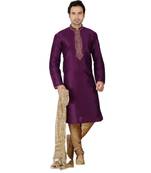 Purple embroidered art dupion silk kurta-pajama
