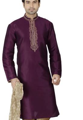 Purple embroidered art dupion silk kurta-pajama 3