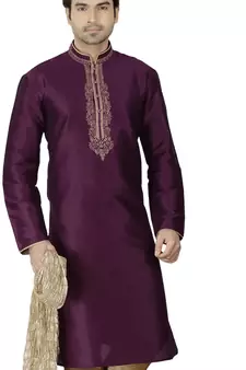Purple embroidered art dupion silk kurta-pajama