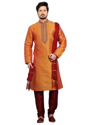 Orange embroidered art dupion silk kurta-pajama 1
