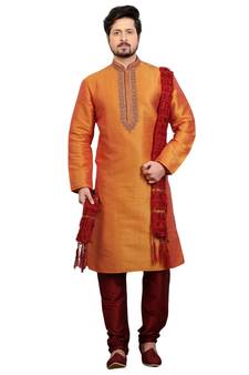 Orange embroidered art dupion silk kurta-pajama