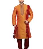 Orange embroidered art dupion silk kurta-pajama