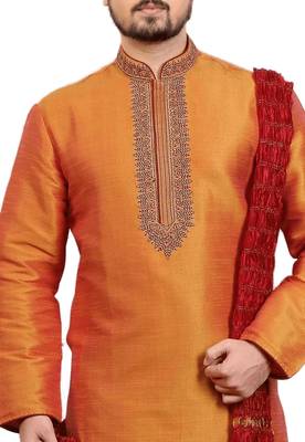Orange embroidered art dupion silk kurta-pajama 2