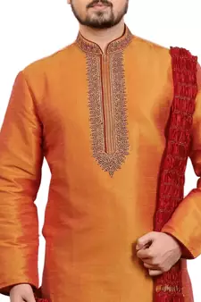 Orange embroidered art dupion silk kurta-pajama