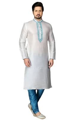White embroidered art dupion silk kurta-pajama 1