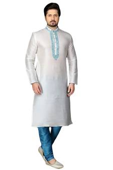 White embroidered art dupion silk kurta-pajama