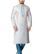 White embroidered art dupion silk kurta-pajama