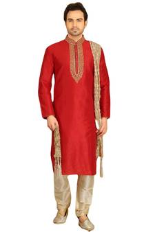 Red embroidered art dupion silk kurta-pajama