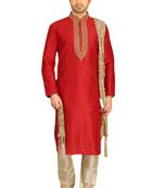 Red embroidered art dupion silk kurta-pajama