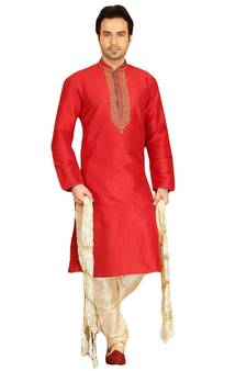 Red embroidered art dupion silk kurta-pajama