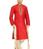 Red embroidered art dupion silk kurta-pajama