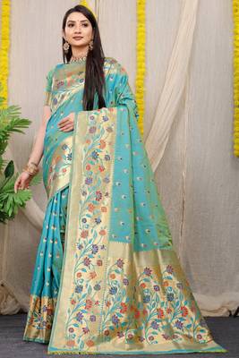 Aqua Blue Woven silk blend Saree With Blouse 1