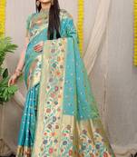Aqua Blue Woven silk blend Saree With Blouse