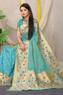 Aqua Blue Woven silk blend Saree With Blouse 2