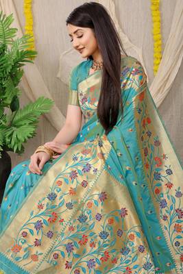 Aqua Blue Woven silk blend Saree With Blouse 3