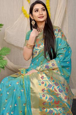 Aqua Blue Woven silk blend Saree With Blouse 4