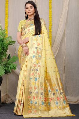 Cream Woven silk blend Saree With Blouse 1