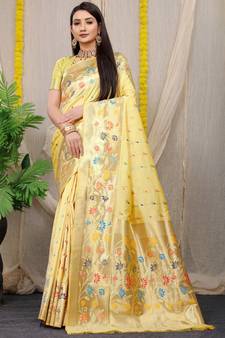Cream Woven Silk Blend Saree With Blouse