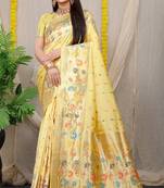 Cream Woven silk blend Saree With Blouse