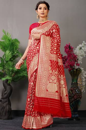 Red Woven Silk Blend Saree With Blouse