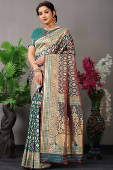 Teal Woven Silk Blend Saree With Blouse