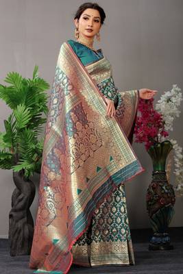 Teal Woven silk blend Saree With Blouse 2
