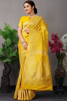Yellow Woven Silk Blend Saree With Blouse