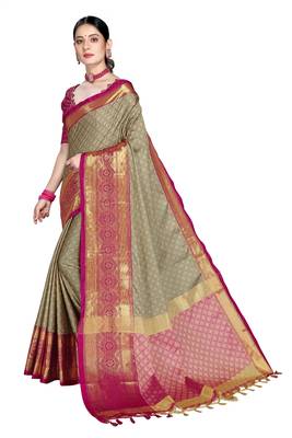 Beige Woven Cotton Silk Saree With Blouse 2