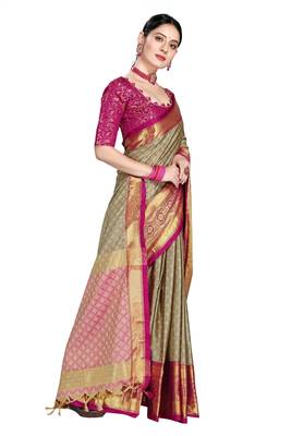 Beige Woven Cotton Silk Saree With Blouse 3