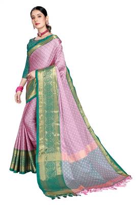 Pink Woven Cotton Silk Saree With Blouse 2