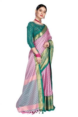 Pink Woven Cotton Silk Saree With Blouse 3