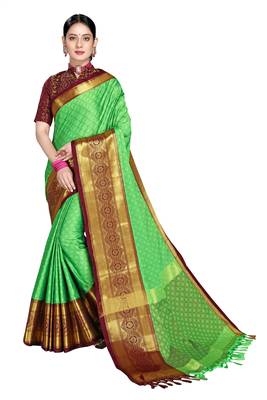 Green Woven Cotton Silk Saree With Blouse 1