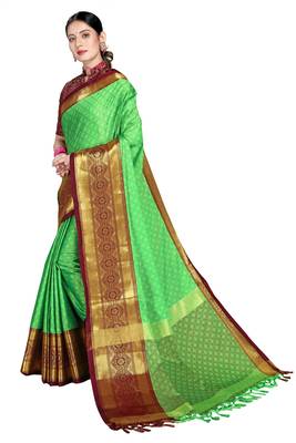 Green Woven Cotton Silk Saree With Blouse 2