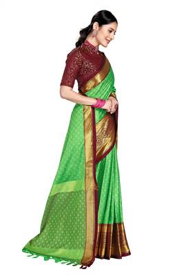 Green Woven Cotton Silk Saree With Blouse 3