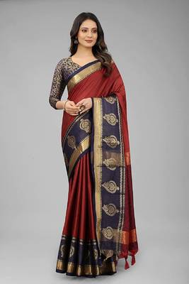Red woven cotton silk saree with blouse 1