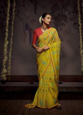Yellow woven organza saree with blouse 1