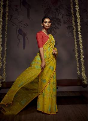 Yellow woven organza saree with blouse 2