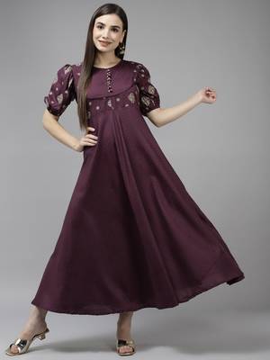 Burgundy embroidered viscose rayon long-dresses 1