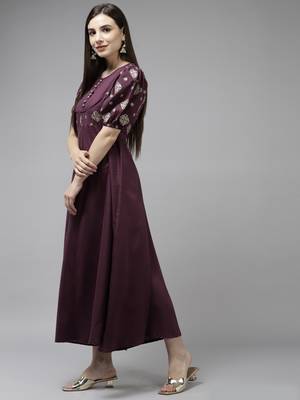 Burgundy embroidered viscose rayon long-dresses 2
