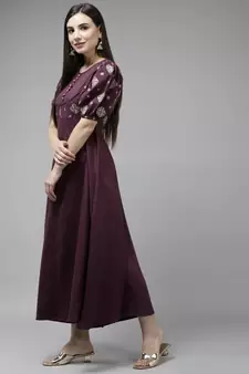 Burgundy embroidered viscose rayon long-dresses