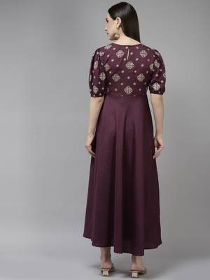 Burgundy embroidered viscose rayon long-dresses 3